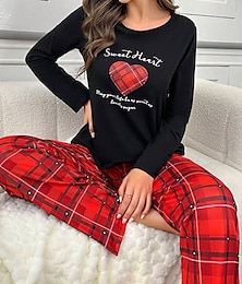 billiga -Dam Pyjamas set Ledigt Komfort Comfrt Hjärta T-shirt Byxa Hem Långärmad Rund hals Rubinrött Vår Höst Vinter