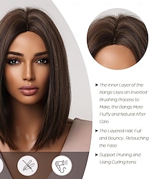 baratos -perucas bob para mulheres, peruca marrom de comprimento médio com mechas, peruca curta e reta, peruca sintética marrom com parte do meio