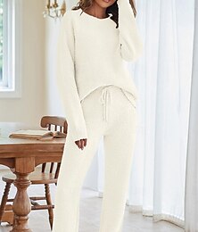 billiga -Dam Pyjamas set Varm Ledigt Komfort Ren färg Elastisk midja Pullover Byxa Hem Dagligen Långärmad Rund hals Rodnande Rosa Blå Beige Höst Vinter