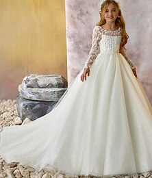 economico -Abito da damigella d'onore bambina Da ragazza Abito per la prima comunione Vestito da festa Matrimonio Feste Da principessa Dolce Natale Carnevale Increspato Tinta unica Senza bretelline Girocollo