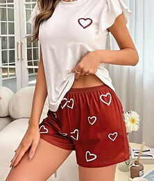billiga -Dam Pyjamas set Ledigt Komfort Hjärta Elastisk midja T-shirt Shorts Hem Alla hjärtans dag Dagligen Kortärmad Rund hals Rubinrött Sommar Vår Normal