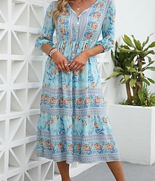 abordables -Femme Robe Maxi Robe casual Robes bohème chic Robe Trapèze robe boheme Bohême Le style mignon mode Vacances du quotidien Plage Ample Graphic Manches 3/4 Col V Rose Claire Bleu Abricot Printemps