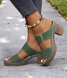 preiswerte -Grüne Sandalen mit Blockabsatz und Doppelriemen für Damen – bequeme Schuhe für Freizeitausflüge und den Sommer