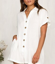 abordables -Femme Normal Combishort Actif Couleur unie Manche Courte Col de Chemise Boutons Vacances du quotidien Standard Blanche Rose Claire Eté