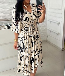 economico -Per donna Vestito maxi Abito casual Vestito svasato Abito linea A Informale Giornaliero Standard Pop art Manica a 3/4 A V Blu Cachi Verde militare Estate Primavera Autunno