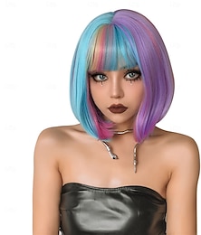 baratos -peruca curta bob arco-íris com franja peruca curta bob colorida com franja rosa azul cor festival perucas com rede de cabelo sintético resistente ao calor para mulheres cosplay festa uso diário para