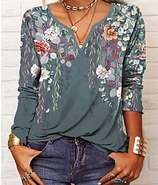 abordables -Mujer Camiseta Floral Diario Básico Manga Larga Escote en Pico Tops regulares Festivos Fin de semana Botones Estampado Negro Rosa Rojo Morado Verde Trébol Otoño invierno