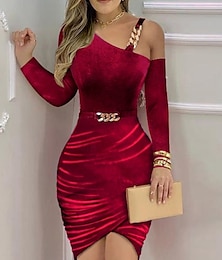 levne -dámské elegantní šaty midi šaty nařasené studené rameno rande elegantní na jedno rameno dlouhý rukáv červená modrá zelená barva