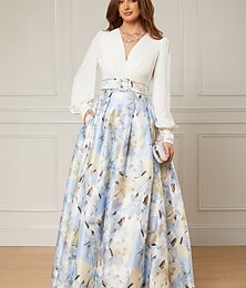 preiswerte -A-Linie Abendkleid Elegantes Kleid Formelles Hochzeitsgast Bodenlänge Langarm V-Ausschnitt Gürtel  Schärpe Satin mit Schlitz Hochzeitsgastkleid 2025