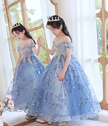 billiga -Brudnäbbsklänning Barn Flickor Prinsessaklänning Prestanda Bröllop Fest Elegant Skön Paljetter Nät Ensfärgat Ärmlös Rund hals Champagne Blå 4 år +