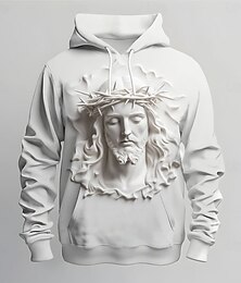 billige -Herre 3D Print Jesus Hettegensere Genser Ytterklær Hettegenser Crew-hals Mote 3D-utskrift Ferie Gateklær Hvit Snorer Høst Vinter Designer