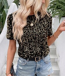 billiga -Dam Paljett Glittrig Fest Glitter Paljetter Slät Mode Modern Ledigt Kortärmad Rund hals Vanliga toppar Dagligen Helgen Svart Rodnande Rosa Guld Sommar Vår