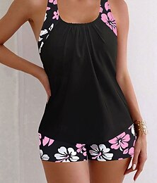 abordables -Femme Maillots de Bain Tankini 2 pièces Jambe de garçon Maillot de bain Dos Nu Taille haute Vacances Tenues de plage Floral Col en U Sans Manches Maillots de bain