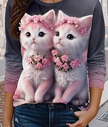 abordables -Camiseta Divertida de San Valentín para Mujer Casual Floral Gato Camisetas Regulares Manga Larga Cuello Redondo Estampado Ajuste Regular Diarias Rosa Primavera Otoño