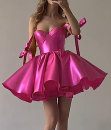abordables -Robe de mariée plage A-Line robes de retour à la maison corsets robe de fête courte  mini sans manches bretelles spaghetti robe rose en satin avec nœud(s) 2025