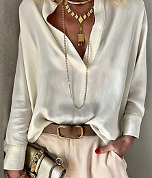 economico -Per donna Camicia Blusa Tinta unica Essenziale Informale Manica lunga Collo dentellato Top regolari Giornaliero Giallo Beige Primavera & Autunno