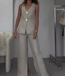 abordables -Mujer Conjunto Trabajo Botones Color sólido Transpirable Estilo de Oficina Ajuste regular Ropa de calle Sin Mangas Verano Verde Claro S