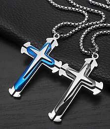 economico -gioielli di moda maschile: collana con croce blu e nera con catena cubana - elegante e resistente