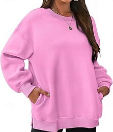 abordables -Sudadera de mujer, informal, lisa, para uso diario, con cuello redondo, bolsillo, manga larga, negra, rosa, caqui, otoño e invierno
