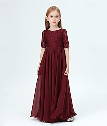 billiga -Barn Flickor Festklänning Ensfärgat Halvlång ärm Prestanda Nät Prinsessa Ljuv Maska Mitt på vaden Sheath Dress Tyllklänning Sommar Vår Höst 2-12 år Vin