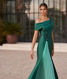 abordables -robe de soirée sirène / trompette élégante robe plissée formelle satin mariage longueur au sol manches courtes une épaule fente broderie appliques 2025