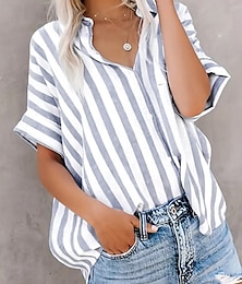 abordables -Mujer Camisa Blusa A Rayas Casual Manga Corta Cuello Camisero Tops regulares Diario Botones Estampado Azul Piscina Gris Verano Primavera