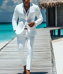 economico -Abiti da matrimonio in spiaggia per uomini completi in lino bianchi estivi colore uniforme taglio standard 2 pezzi monopetto due bottoni