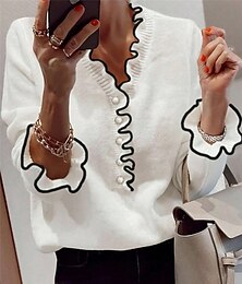 abordables -Femme Pull Chandail Gilet Cardigan Décontractées Flexible Couleur monochrome A côtes Col V A Volants Boutons Tricoté manche longue Hauts réguliers Tricoter Extérieur du quotidien Fin de semaine Noir