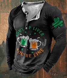 preiswerte -Herren St. Patrick Grafik Kleeblatt Bier T Shirt T-Shirt Langarm 3D-Druck Mode Designer Basic Urlaub Straße Ausgehen Frühling & Herbst Schwarz Grün Kaffee Grau Henley Henley T-Shirt