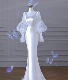 economico -Abiti da Sposa Sirena  Tromba Scollo a Cucchiaio Manica Lunga Coda di Corte in Taffetà Abiti Sposa con Perle