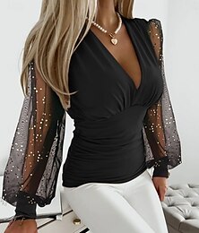 economico -Per donna Camicia Blusa Tinta unica Essenziale Informale Manica lunga Manica a lanterna A V Top regolari Giornaliero Retato Collage Nero Bianco Cachi Primavera Autunno