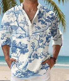 economico -Per uomo Botanico floreale Camicia hawaiana Camicia Aloha Manica lunga Hawaiano Ricorrere Da mare Informale Estate Primavera A V Bottoni Blu