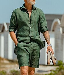 abordables -Homme Chemise Chemise Lin 2 Pièces Ensemble chemises Ensembles assortis Plein Extérieur Plein Air Vert Manches courtes Eté Printemps Vêtement Tenue