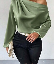 economico -Per donna Blusa Tinta unica Essenziale Informale Manica lunga Manica a lanterna Asimmetrico Top regolari Ufficio Giornaliero Per eventi Increspato Collage Bianco Verde Beige Primavera Autunno
