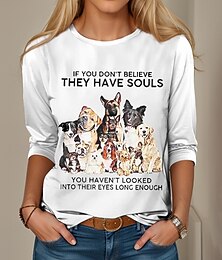 abordables -Mujer Camiseta Gato Letra Casual Manga Larga Escote Redondo Tops regulares Diario Fin de semana Estampado Blanco Otoño Invierno