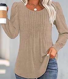 economico -Per donna Camicia Blusa Tinta unica Essenziale Informale Manica lunga Girocollo Top regolari Giornaliero Increspato Nero Bianco Rosa Vino Blu Estate Primavera