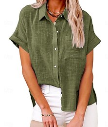 economico -Per donna Camicia Camicie di cotone e lino Abbottonare Blusa Tinta unica Essenziale Casual Manica Corta Colletto a Camicia Top Regolari Quotidiano Bottoni Tasca Vino Verde militare Estate