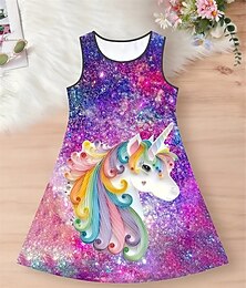 cheap -Girls' 3D Graphic Unicorn Dress Sleeveless Summer Spring Vacation Daily Holiday Princess Beautiful Sweet Kids 4-12 Years Casual Dress A Line Dress Knee-length Regular Fit