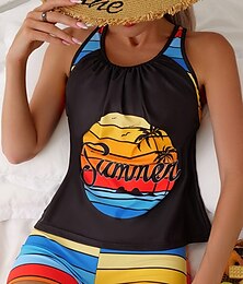billige -Dame Badetøy Tankini 2 stk Guttelår Badedrakt Åpen rygg Høy Midje Ferie Strand Klær Stripe V-hals Ermeløs Badedrakter