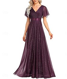 economico -Abito da Sorella A-Line Collo a V Manica Corto Elegante Lunghezza a Terra Chiffon con Spacco Frontale