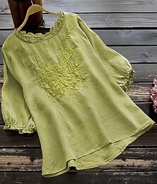 economico -Per donna Camicia Camicia di lino Blusa Camicie di cotone e lino Tinta unica Moda Girocollo Streetwear Quotidiano Ricamato Bianco Giallo Rosso Verde Cachi Estate