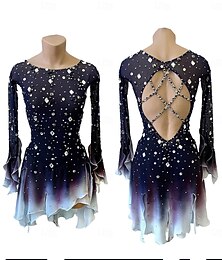 ieftine -Rochie de Patinaj Artistic Pentru femei Fete Πατινάζ στο πάγο Rochii Albastru Marin Închis Mâneci cu Gaura Vopsirea Halo Înaltă Elasticitate Profesional Competiție Ținută Patinaj Termic cald Cristale