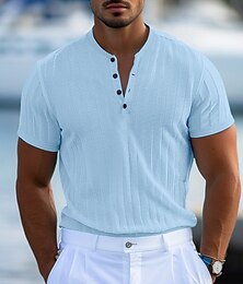 olcso -Férfi Henley ing Rövidujjú póló Bordás kötött póló Tee Top Rövid ujjú Tömör szín Napi Hawaii Gombok Henley Szabadtéri Utca Hétköznapi Nyár Világoskék Fehér Barna Henley póló