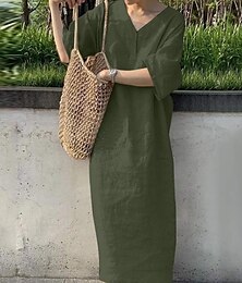 economico -Per donna Abito maxi Abiti in cotone e lino Vestito Casual Essenziale Casual Vacanza Quotidiano Vestibilità regolare Semplice Manica 3/4 Scollo a V Rosso Cachi Verde militare Blu scuro Estate