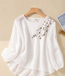 economico -Per donna Camicia Camicie ispirate al lino Blusa Floreale Elegante Casual Manica Lunga Girocollo Top Regolari Quotidiano Ricamato Bianco Verde militare Rosso Blu Estate Primavera Autunno
