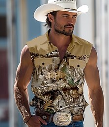 economico -Per uomo Mimetico Camicia Camicia occidentale Camicia da cowboy Senza maniche stile western Esterno Ufficio Casual Estate Primavera Collo ripiegabile Camicie con colletto Cachi Beige