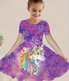 halpa -Tyttöjen 3D Kuvitettu Yksisarvinen Mekko Lyhythihainen Kesä Kevät Loma Päivittäin Pyhäpäivä Prinsessa Kaunis Makea Lapset 4-12 vuotta Rento mekko A linjainen mekko Polvipituinen Normaali