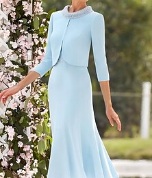 abordables -Ensembles de robe bleue pour mère de la mariée invitée de mariage élégante vintage décolleté en bijou longueur thé tissu extensible manches 3/4 avec perles en dentelle robe de jour de course 2025