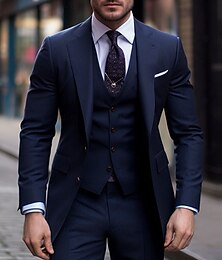 economico -Completi da matrimonio da uomo Nero Borgogna Blu navy Completi di ritorno a casa 3 Pezzi a tinta unita Slim Fit Monopetto Due bottoni