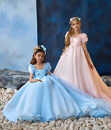 economico -Abito da damigella d'onore bambina Da ragazza Abito formale Vestito da festa Matrimonio Feste Da principessa Dolce Natale Carnevale Increspato Tinta unica Senza bretelline Girocollo Rosa Azzurro cielo